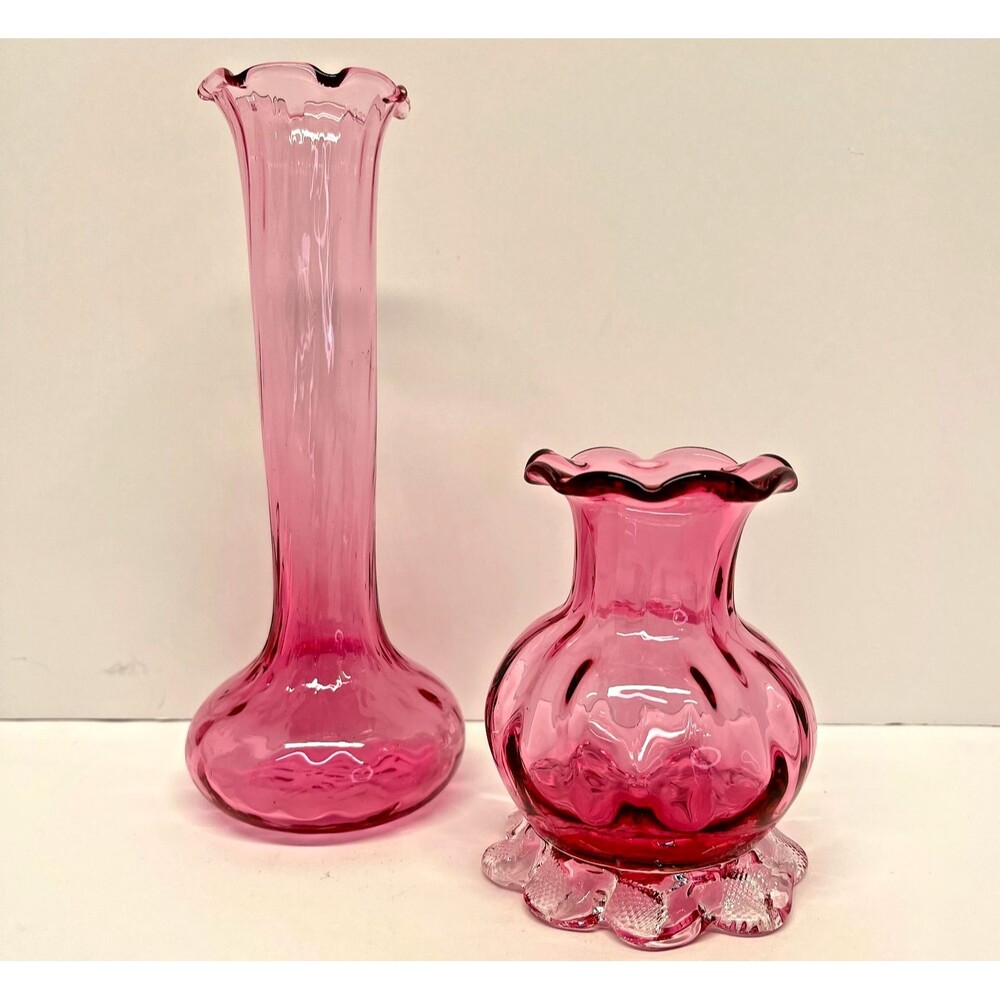 Vintage Cranberry Art Glass Vase Pair – Ruffled Rim Bud Vases, Hand Blown Pink